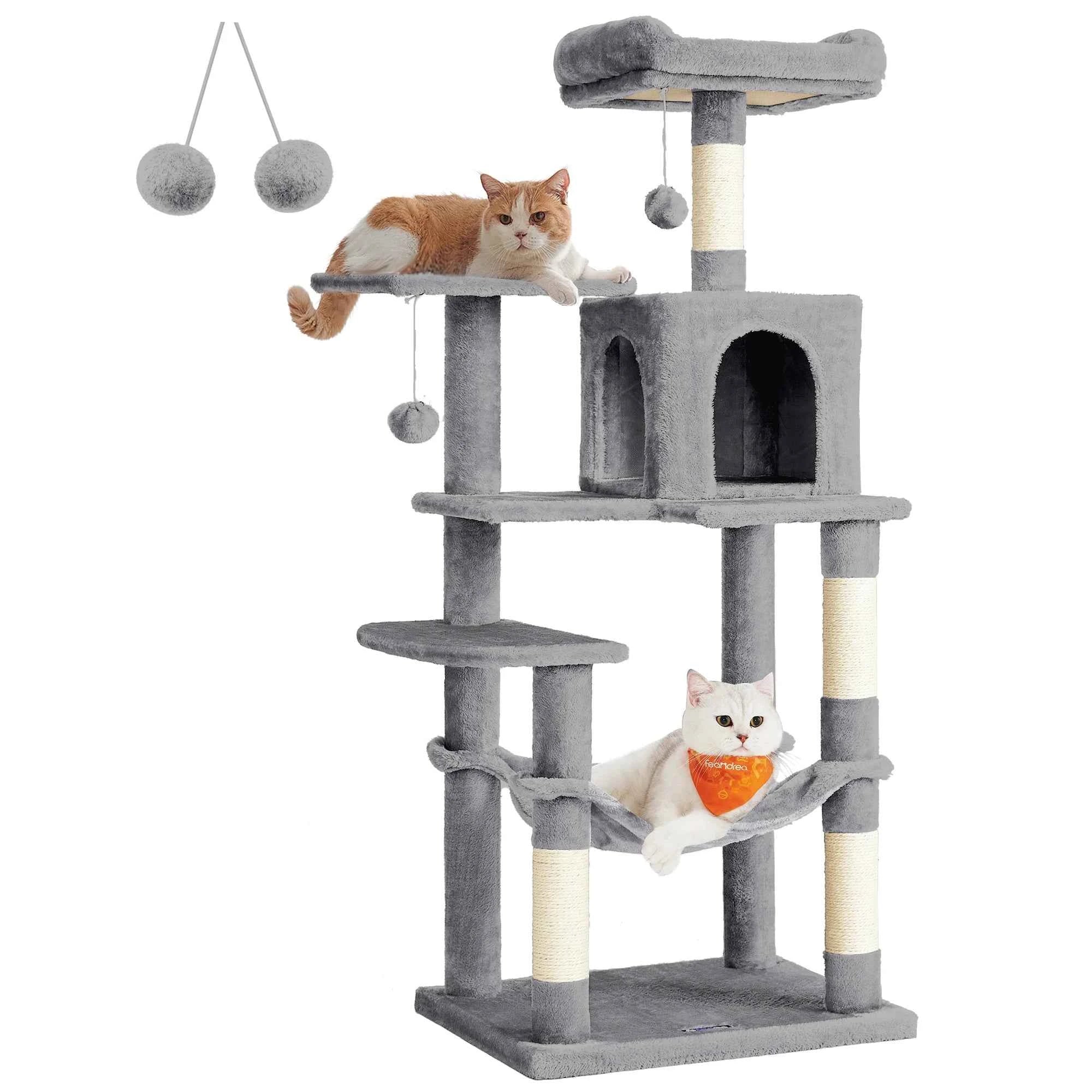 Feandrea Cat Tree for Indoor Cats - 56.3-Inch Multi-Level Cat Tower with 4 Scratching Posts, 2 Perches, Hammock, and Cave Light Gray United States