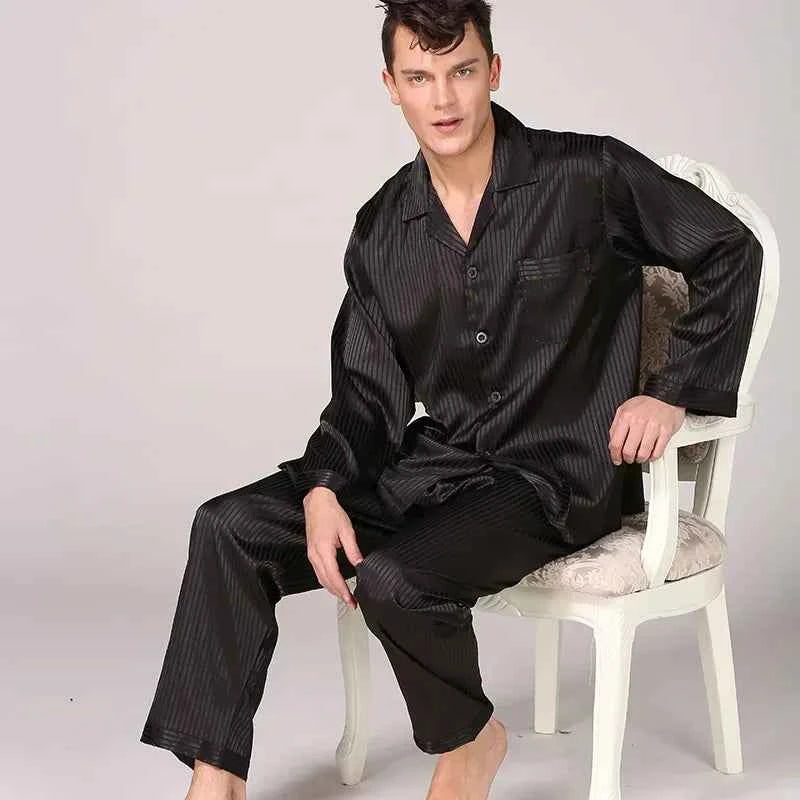 Silk Satin Pajamas for Men Sleepwear Cozy Soft Print Long Sleeve Nightgown Tops+ Trousers Two Pieces Mens Pajama Set black 1
