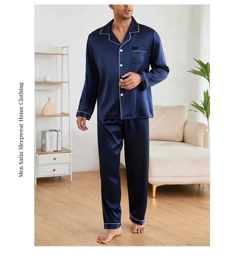 Men's Satin Pajama Sets - Long Sleeve Top and Trouser Loungewear