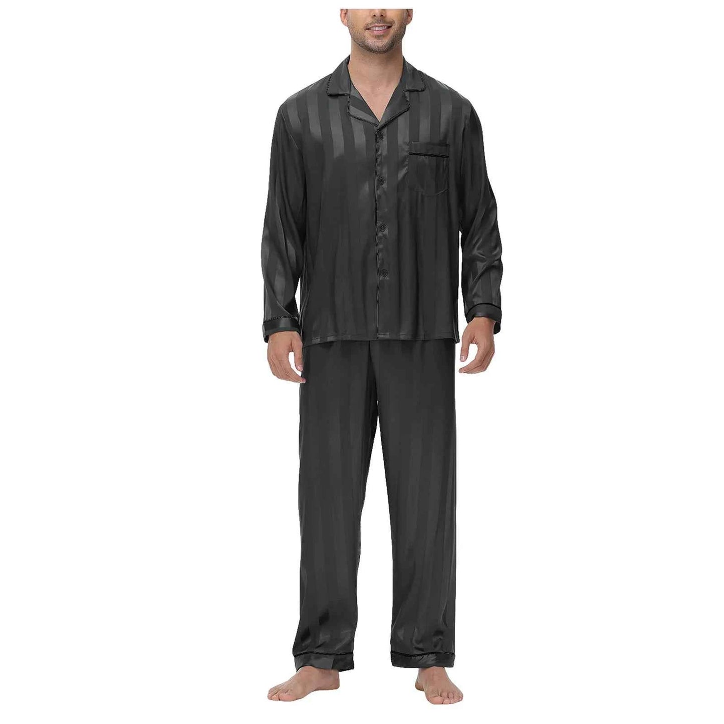 Men's Silk Satin Pajamas Set - Long Sleeve Sleepwear for Men, Soft Loungewear, S-2XL, Spring Nightwear Black-Stripe