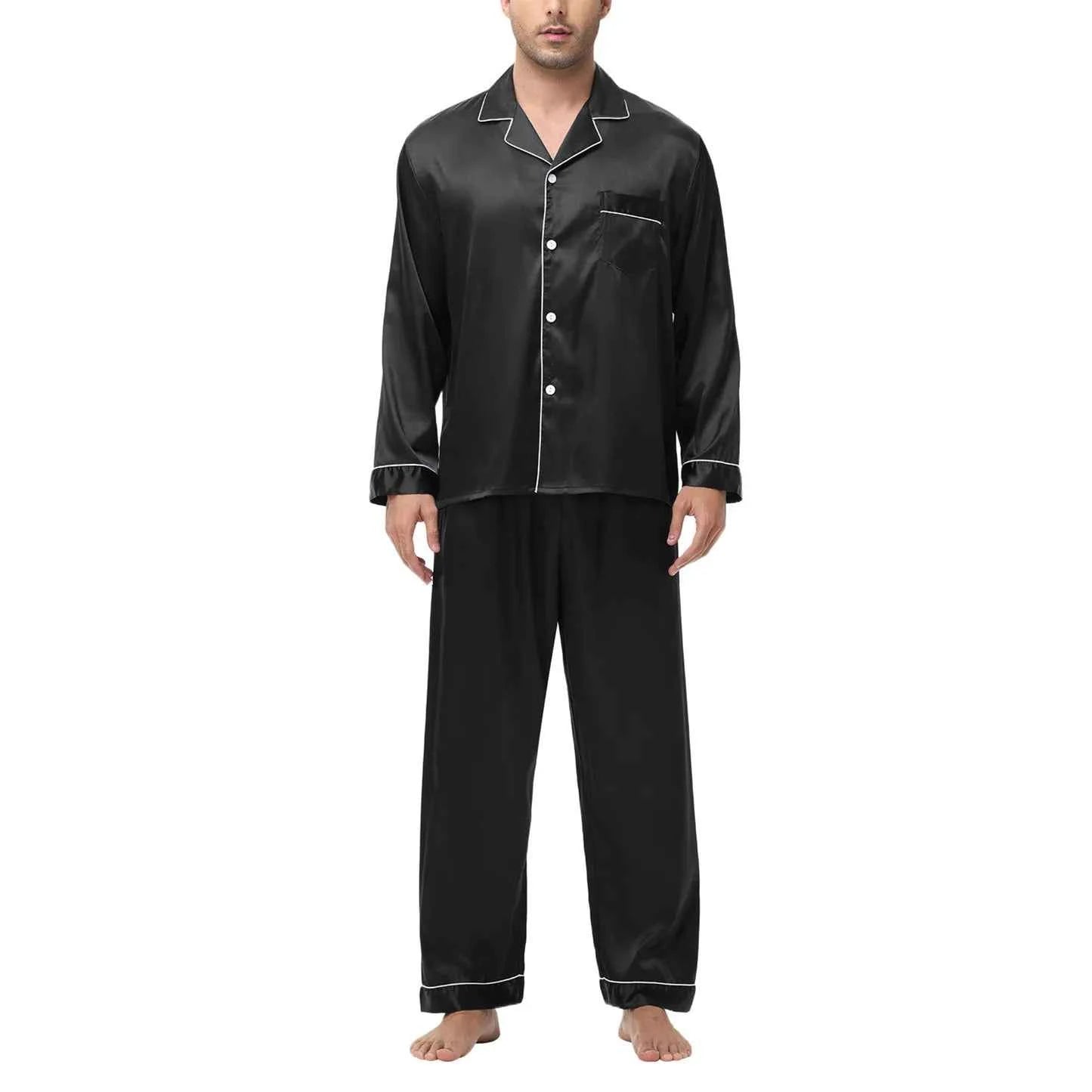 Men's Silk Satin Pajamas Set - Long Sleeve Sleepwear for Men, Soft Loungewear, S-2XL, Spring Nightwear Black-Solid