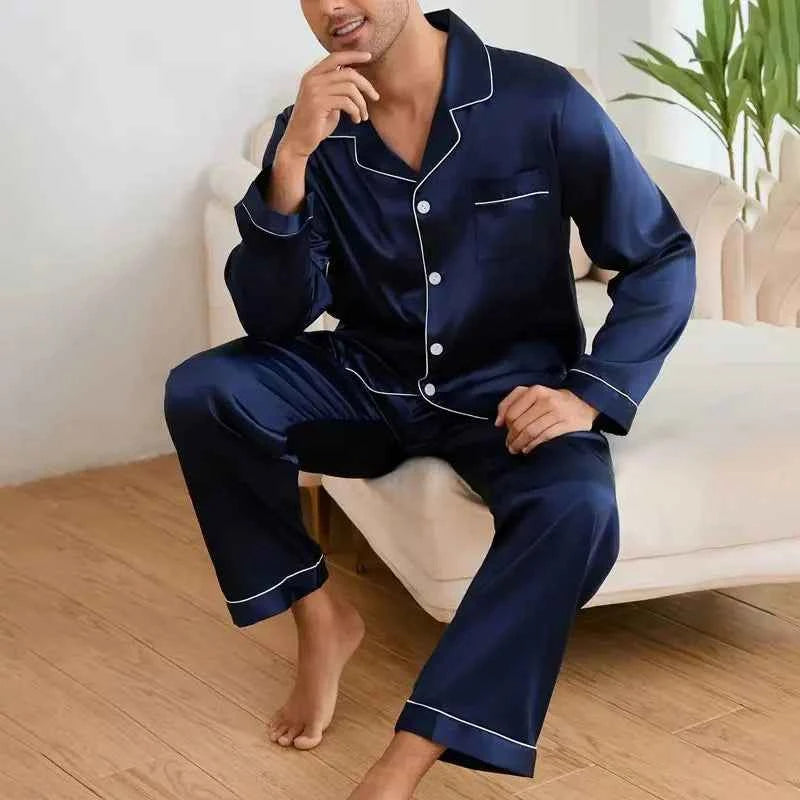Men's Satin Pajama Set with Linter Lapel Collar, Long Sleeve Tops & Pants Sleepwear for Autumn Loungewear