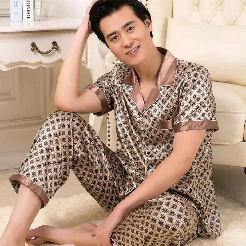 Men's Ice Silk Pajamas Set - Thin Long-sleeved Sleepwear for Spring and Autumn SY5004-06-short