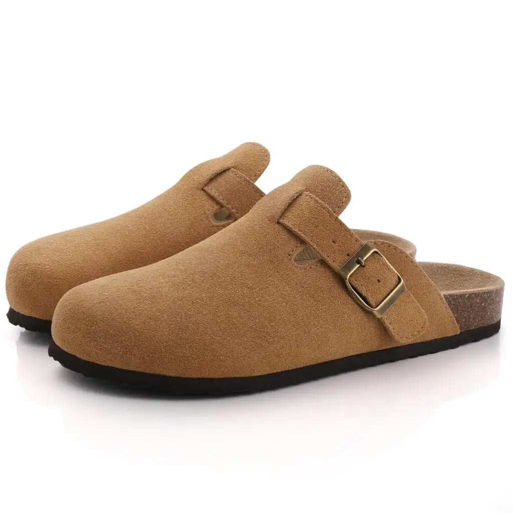 Comwarm Fashion Women's Suede Mules Slippers Men Clogs Cork Insole Sandals With Arch Support Outdoor Beach Slides Home Shoes for Comfortable Dog Cooling Mat Use