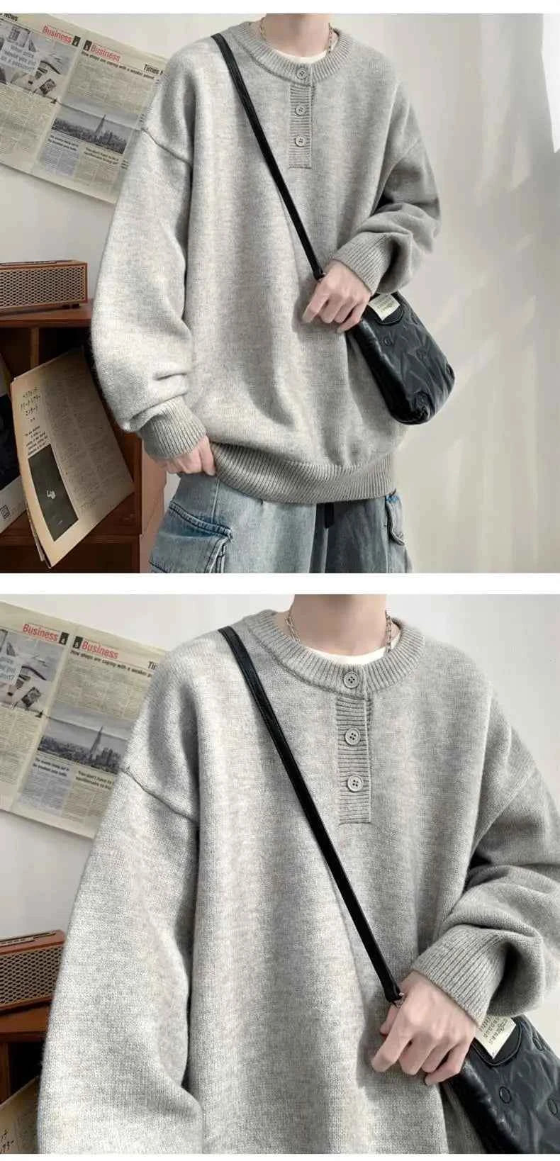 Cleanfit Men's Winter Thickened Warm Knitted Sweater Henry Collar Loose Lazy Style Solid Color Knitwear Long Sleeve Princess...