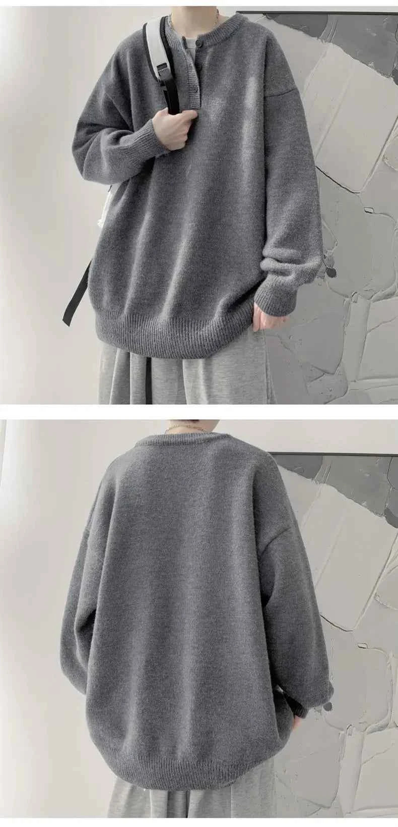 Cleanfit Men's Winter Thickened Warm Knitted Sweater Henry Collar Loose Lazy Style Solid Color Knitwear Long Sleeve Princess...
