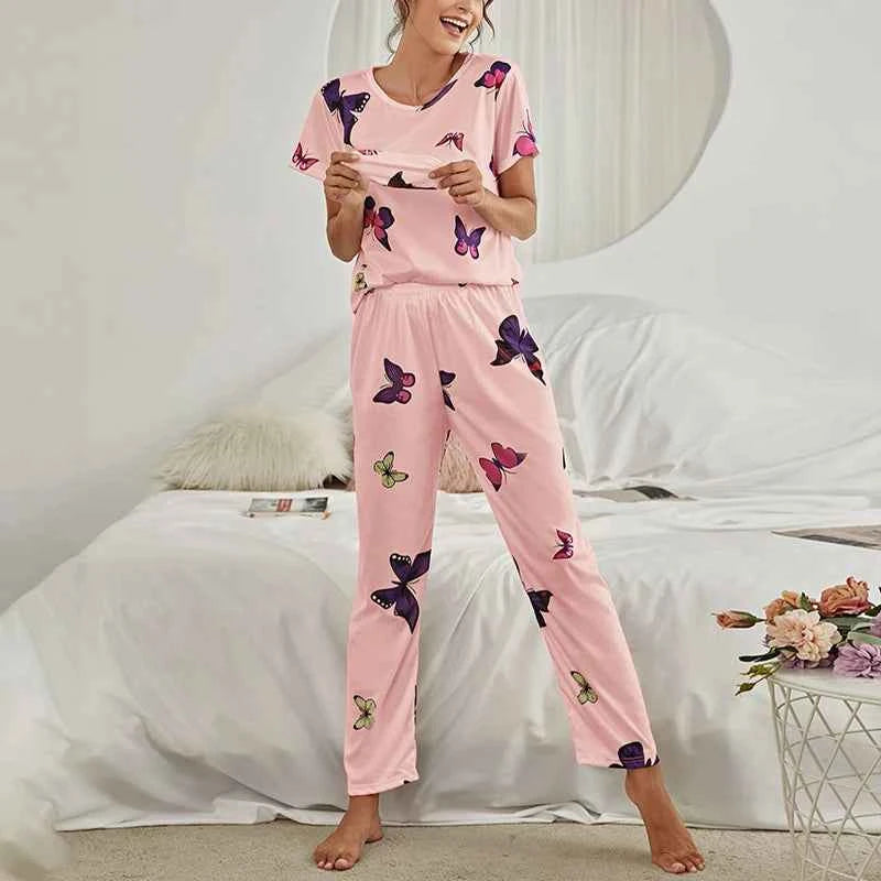 Women's Cartoon Pajama Set - Soft Short Sleeve Top and Long Pants Sleepwear for Ladies Homewear