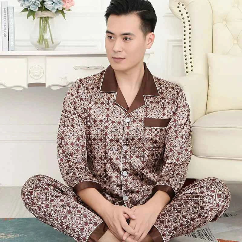 Men's Ice Silk Pajamas Set - Thin Long-sleeved Sleepwear for Spring and Autumn SY5004-050-long