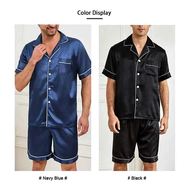 Men's Satin Pajama Set - Short Sleeve Sleepwear for Men with Button