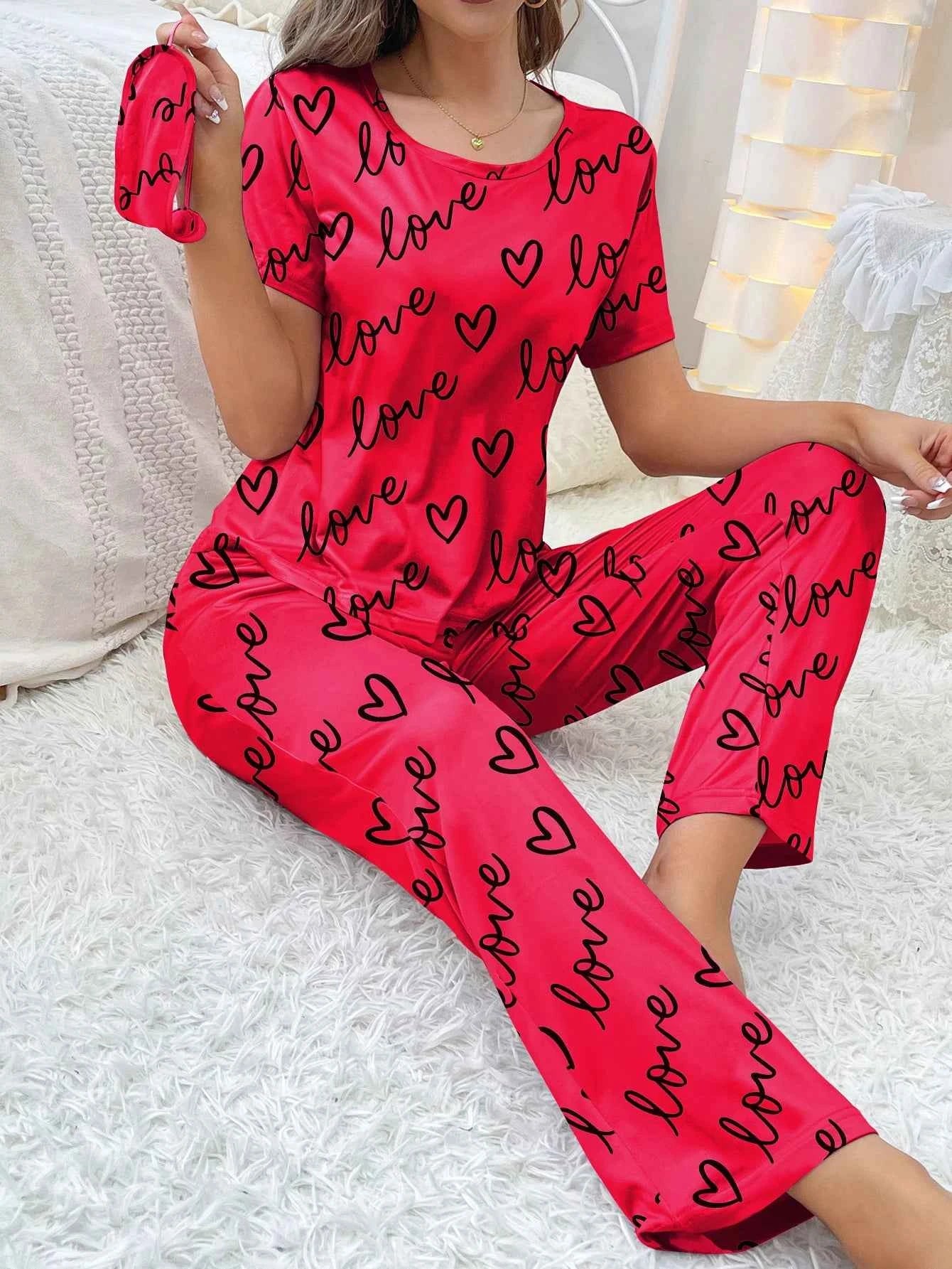 New Women's Pajamas Love Pattern, Casual Short Sleeve Trousers Rose red