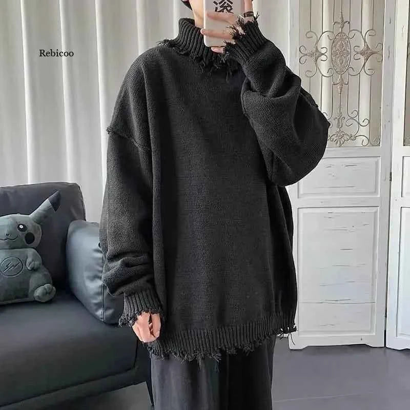 Sweaters for Men and Women, Ripped Edges, Irregular Frayed Sweaters, Couples Trend, Loose Half High Collar Autumn and Winter