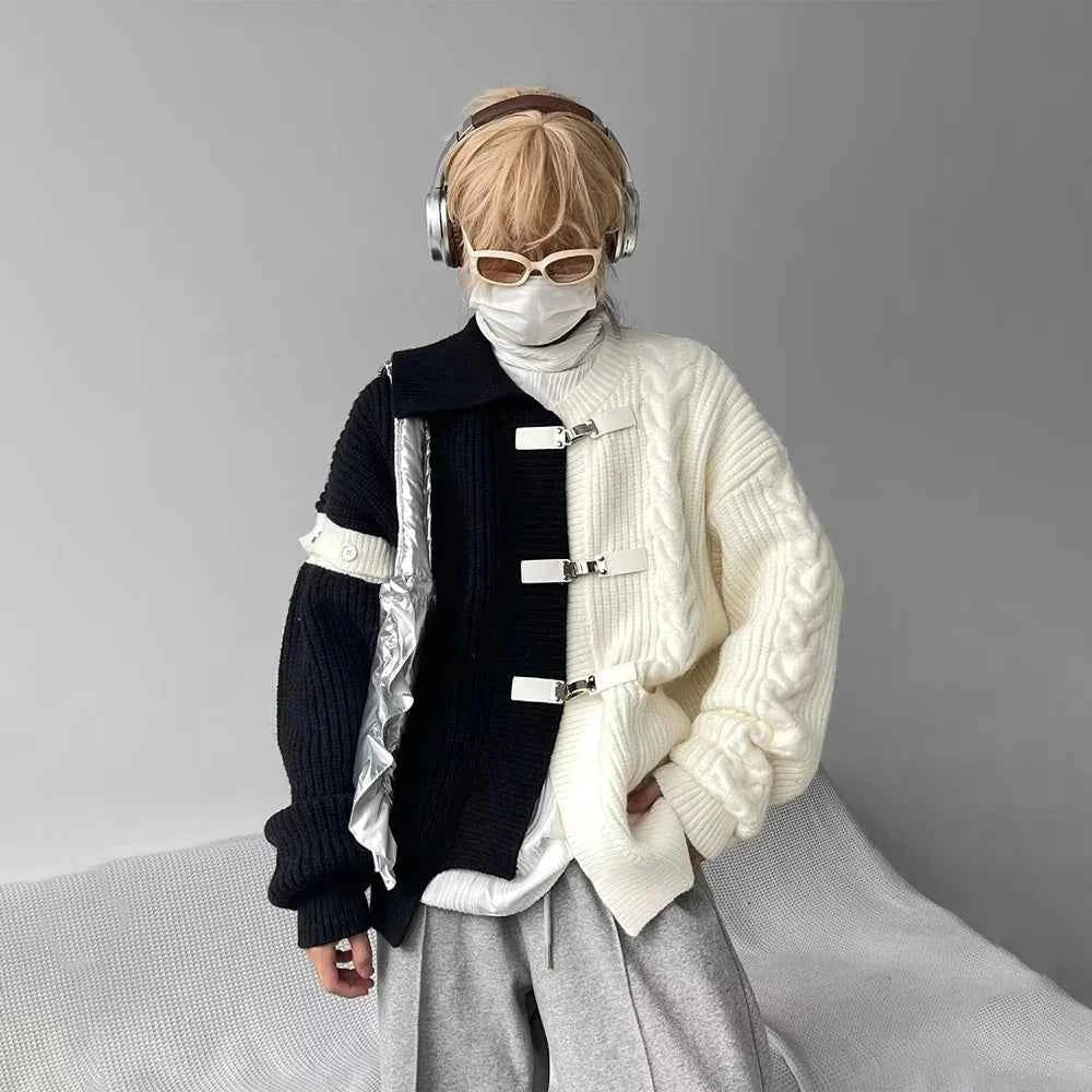 Sweater Men Y2k Splicing Button Knitted Jacket Niche Streetwear Soft Knitwear Autumn Personality Youthful Casual Mens Clothing Black