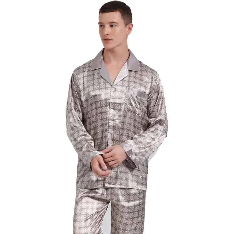 Silk Satin Pajamas for Men Sleepwear Cozy Soft Print Long Sleeve Nightgown Tops+ Trousers Two Pieces Mens Pajama Set 1 9