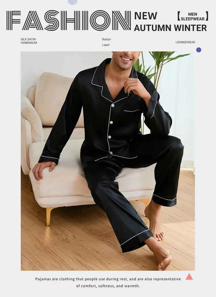 Men's Satin Pajama Sets - Long Sleeve Top and Trouser Loungewear