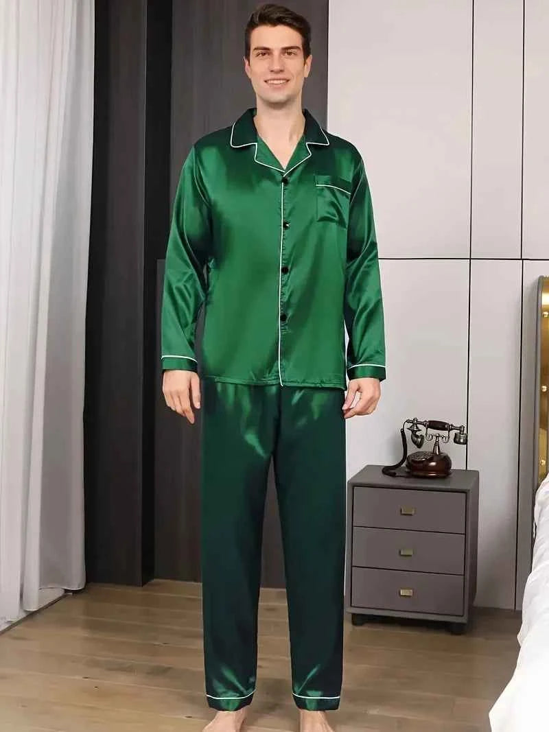 Men's Satin Pajama Set with Linter Lapel Collar, Long Sleeve Tops & Pants Sleepwear for Autumn Loungewear green
