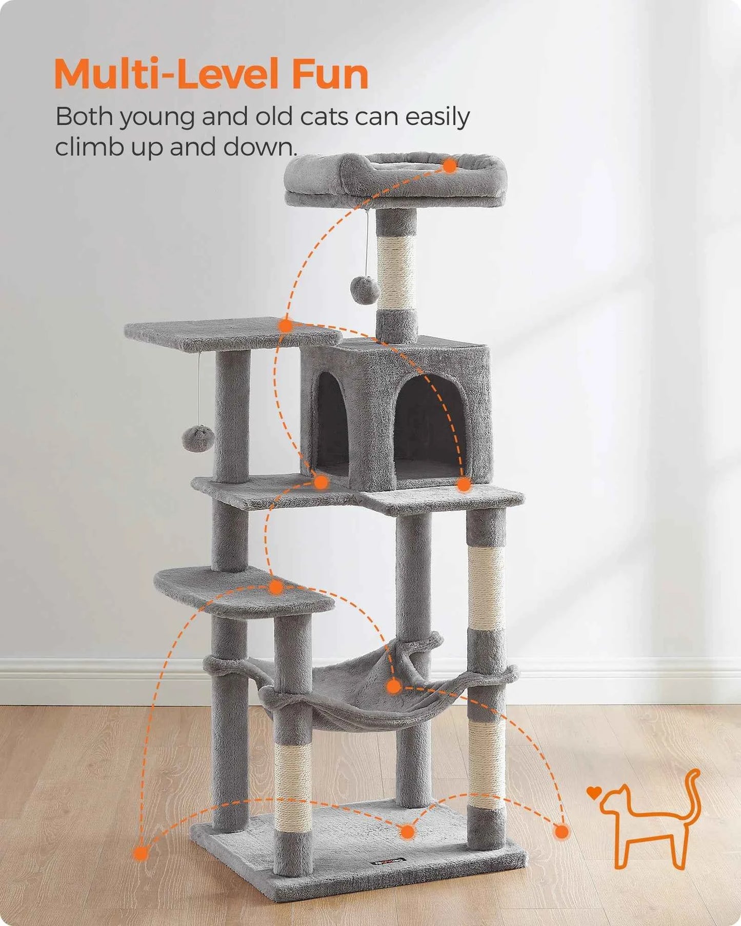Feandrea Cat Tree for Indoor Cats - 56.3-Inch Multi-Level Cat Tower with 4 Scratching Posts, 2 Perches, Hammock, and Cave