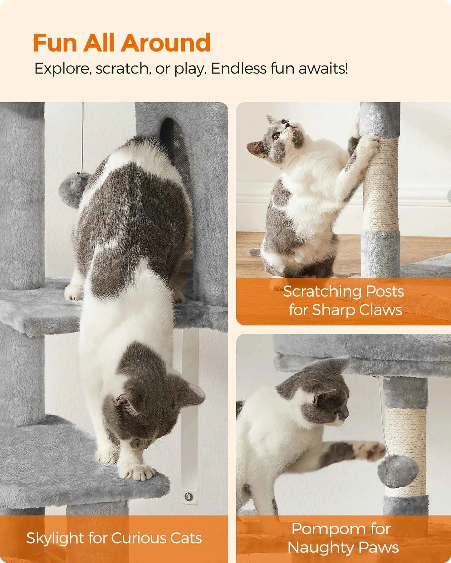 Feandrea Cat Tree for Indoor Cats - 56.3-Inch Multi-Level Cat Tower with 4 Scratching Posts, 2 Perches, Hammock, and Cave