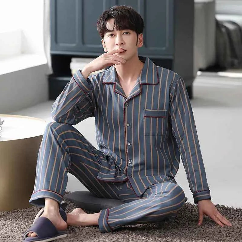 Spring Men's Pajamas Set for Fall and Winter - Long-Sleeved Top and Long Pants