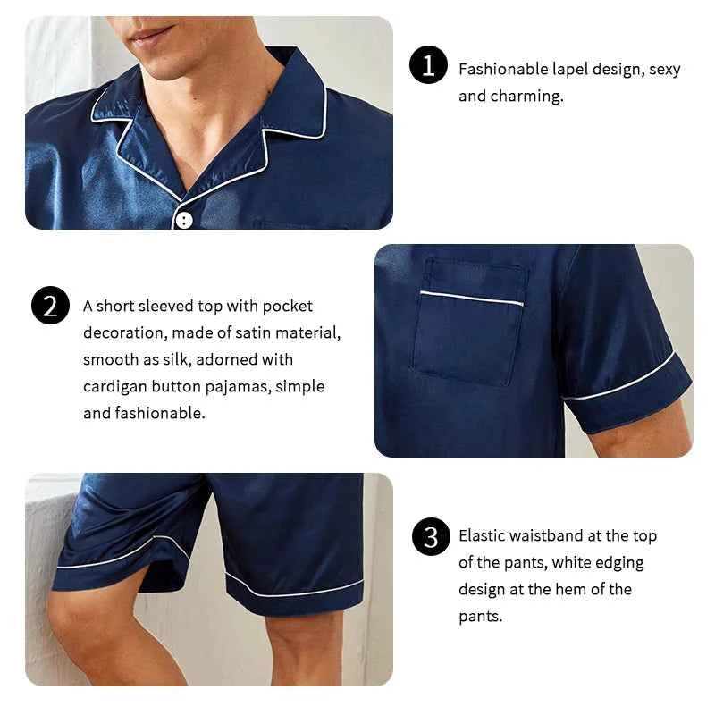 Men's Satin Pajama Set - Short Sleeve Sleepwear for Men with Button