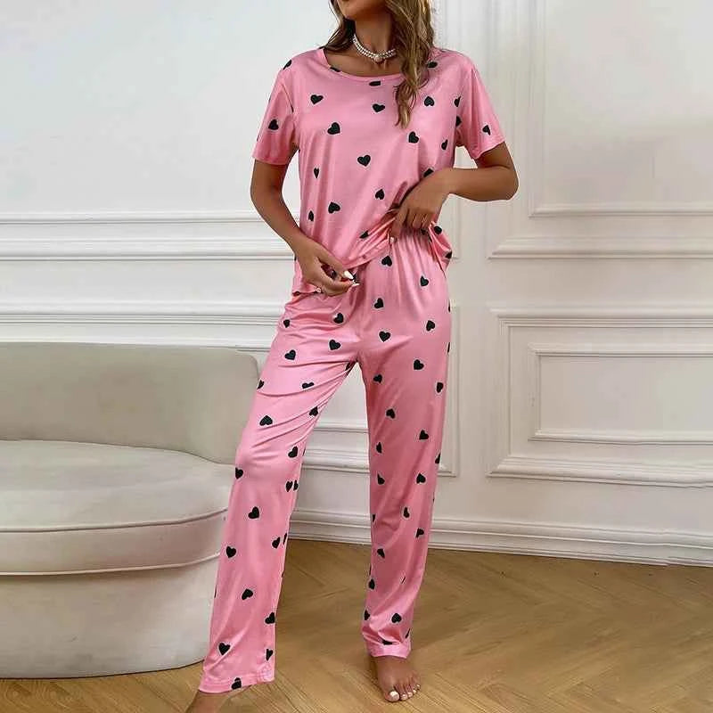 Women's Cartoon Pajama Set - Soft Short Sleeve Top and Long Pants Sleepwear for Ladies Homewear