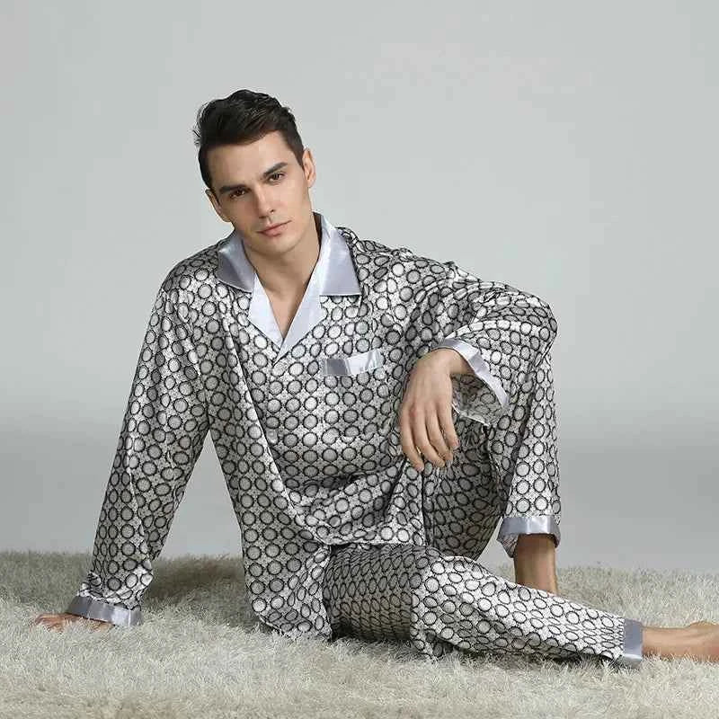 Silk Satin Pajamas for Men Sleepwear Cozy Soft Print Long Sleeve Nightgown Tops+ Trousers Two Pieces Mens Pajama Set 1 5