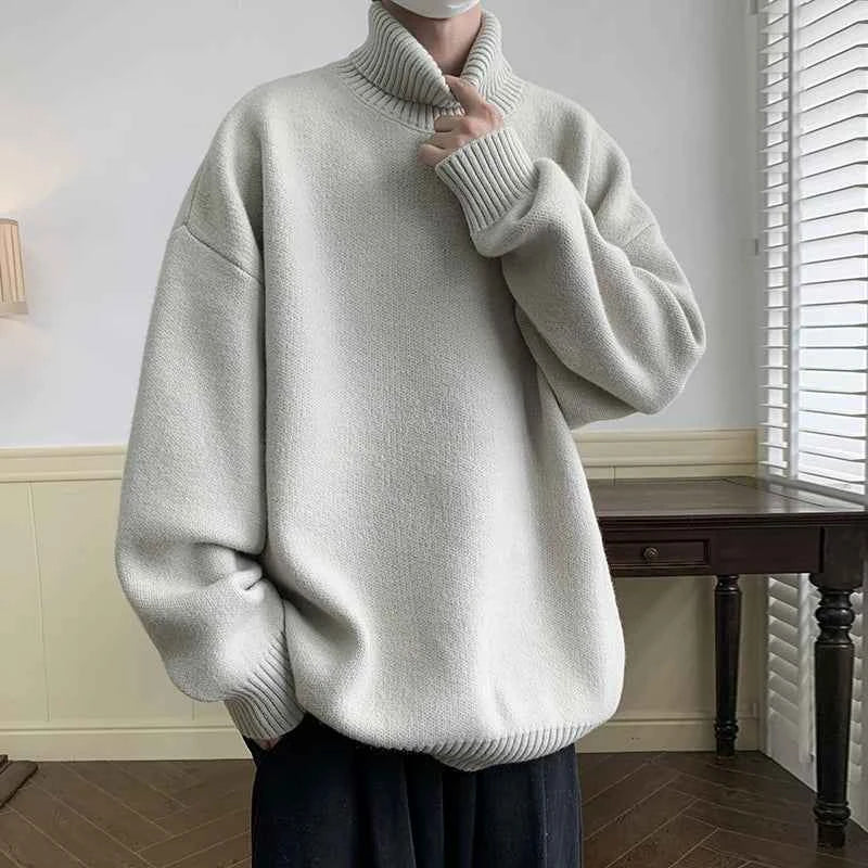 Men's Turtleneck Sweater Pullover Men Loose Casual Harajuku Korean Fashion Mens Oversized Sweater Fashion Thicken Warm Sweaters Light Gray