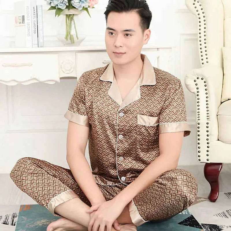 Men's Ice Silk Pajamas Set - Thin Long-sleeved Sleepwear for Spring and Autumn
