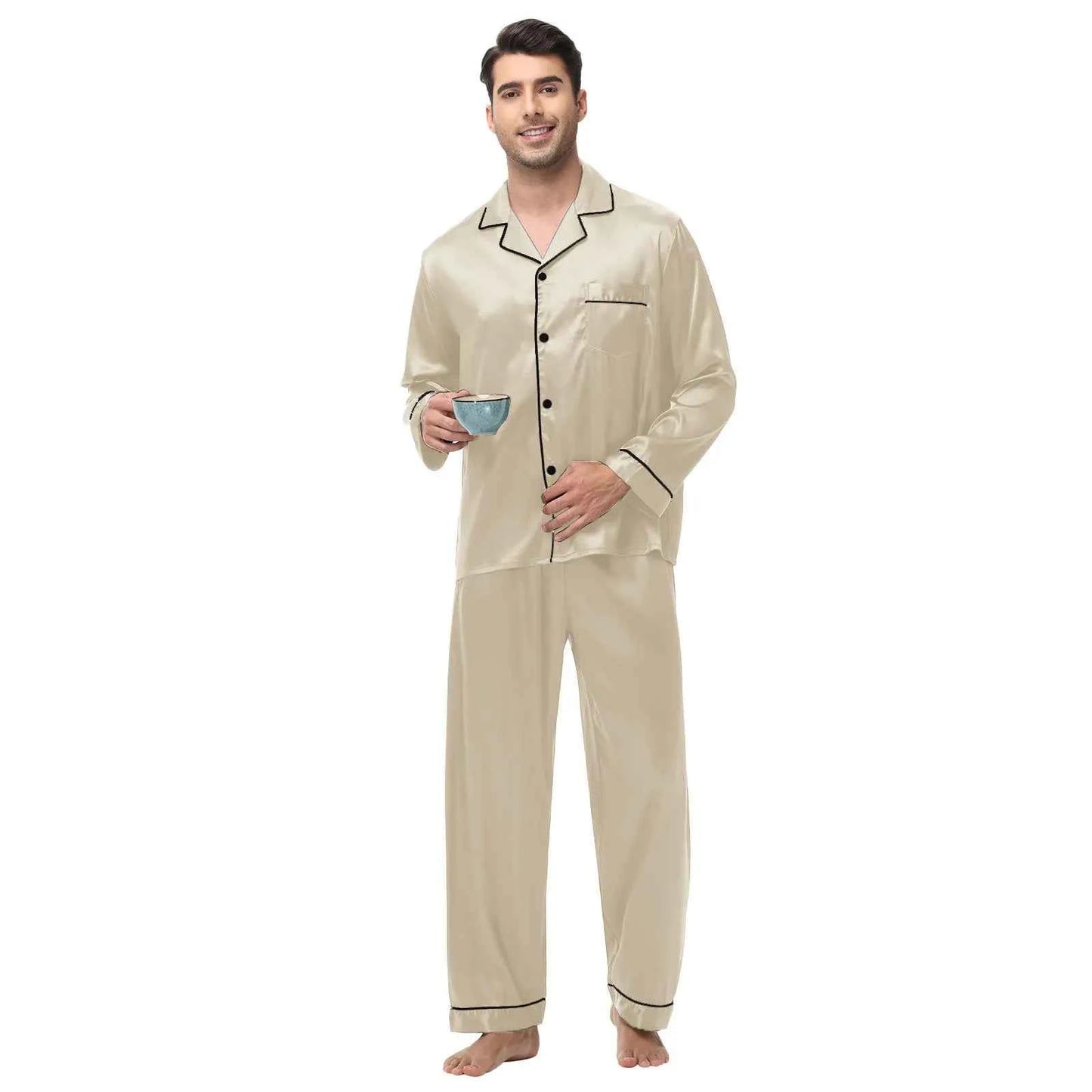 Men's Silk Satin Pajamas Set - Long Sleeve Sleepwear for Men, Soft Loungewear, S-2XL, Spring Nightwear