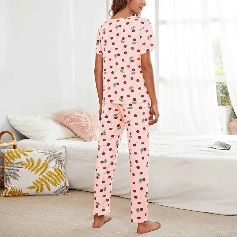 Women's Cartoon Pajama Set - Soft Short Sleeve Top and Long Pants Sleepwear for Ladies Homewear