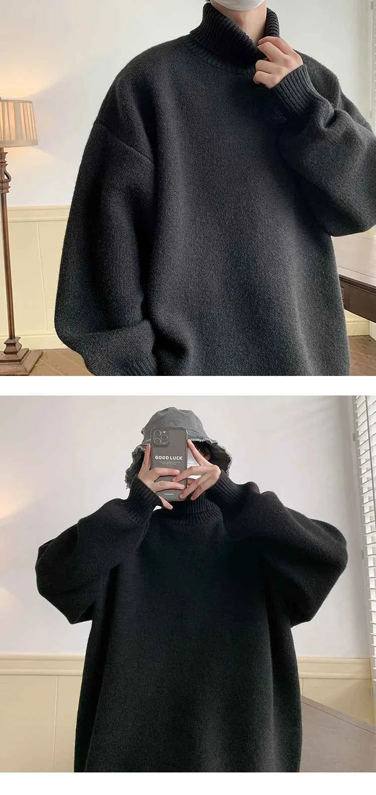 Men's Turtleneck Sweater Pullover Men Loose Casual Harajuku Korean Fashion Mens Oversized Sweater Fashion Thicken Warm Sweaters