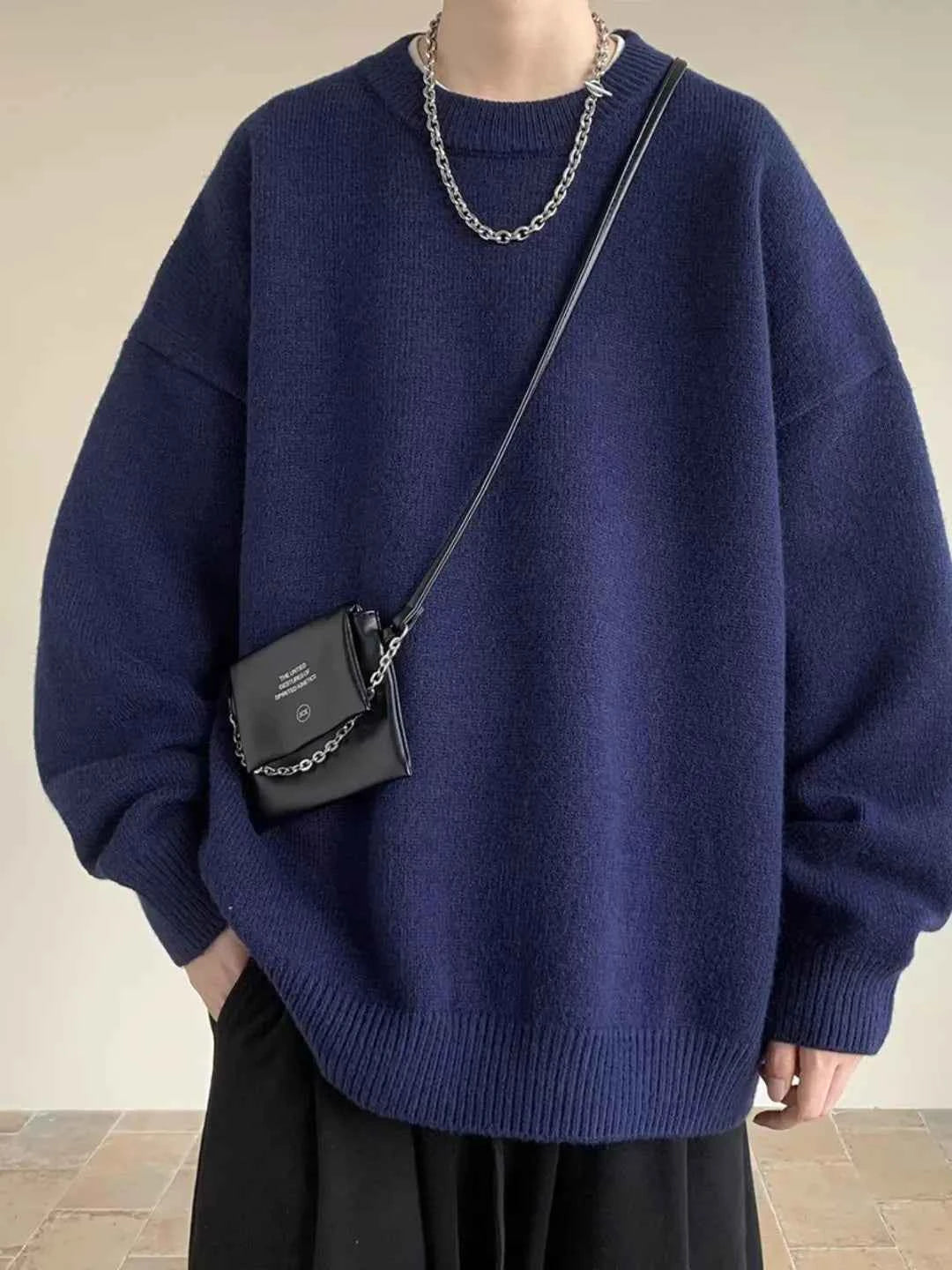 Winter Sweater Men Warm Casual Solid Color Knitted Pullover Men Oversized Korean Loose Round Neck Sweater Mens Jumper Clothes Blue