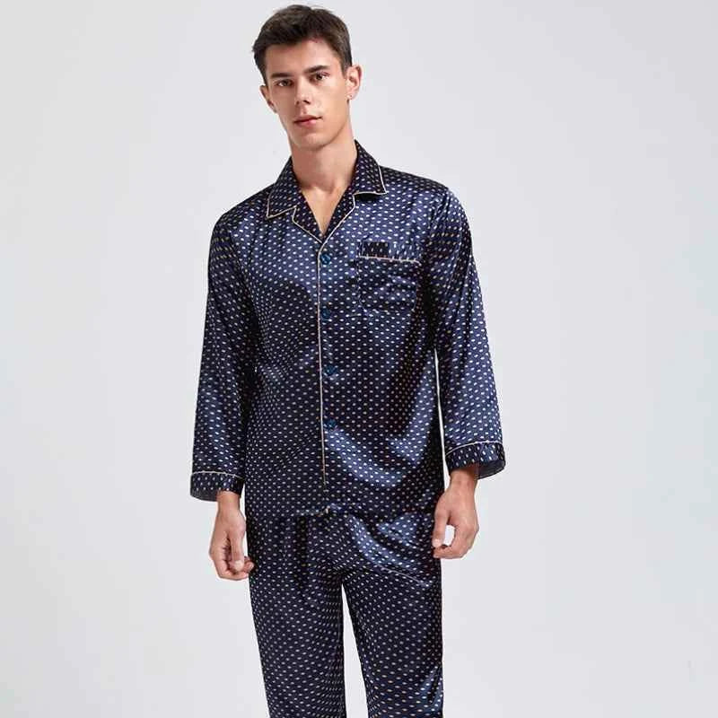 Silk Satin Pajamas for Men Sleepwear Cozy Soft Print Long Sleeve Nightgown Tops+ Trousers Two Pieces Mens Pajama Set 1 6