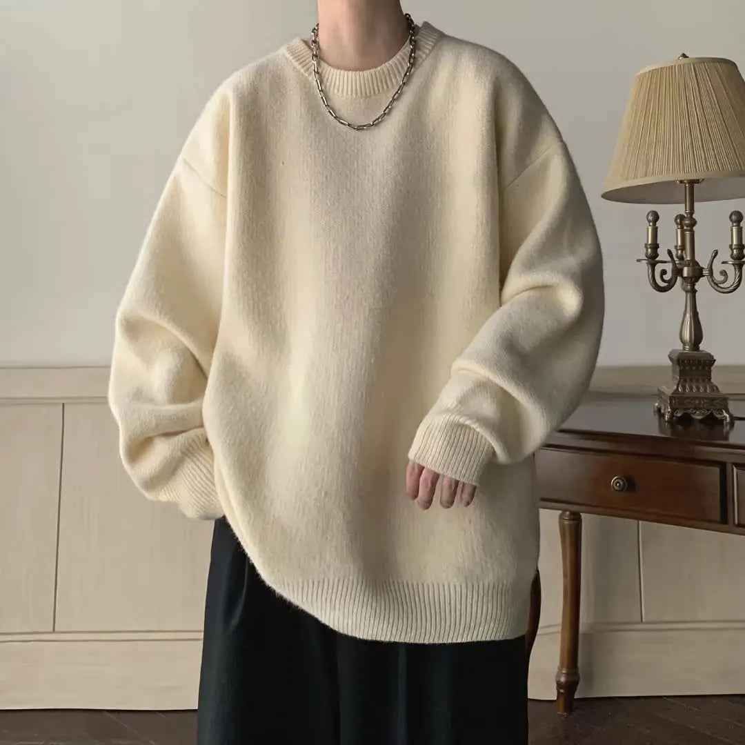 Winter Sweater Men Warm Casual Solid Color Knitted Pullover Men Oversized Korean Loose Round Neck Sweater Mens Jumper Clothes Beige