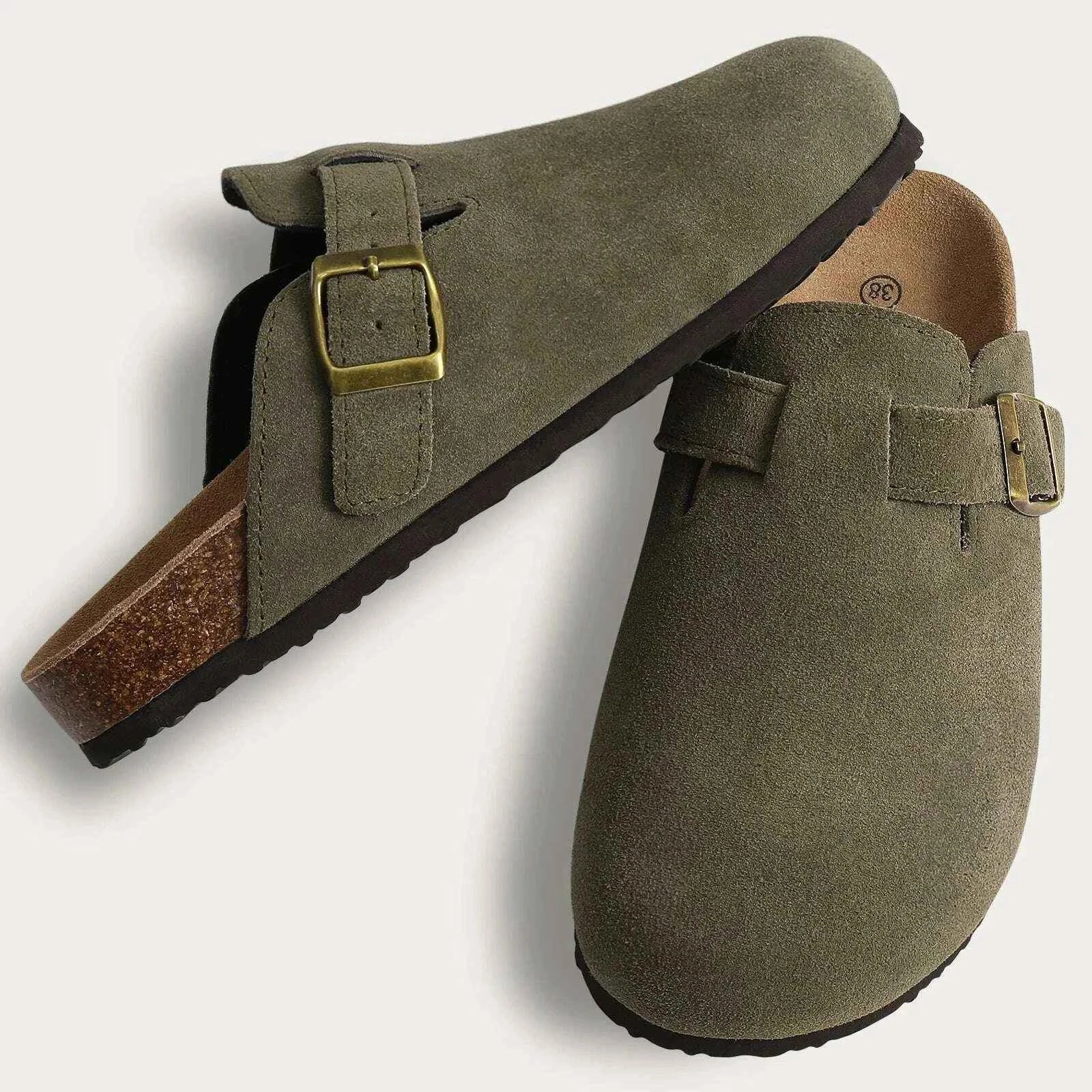 Comwarm Fashion Women's Suede Mules Slippers Men Clogs Cork Insole Sandals With Arch Support Outdoor Beach Slides Home Shoes for Comfortable Dog Cooling Mat Use
