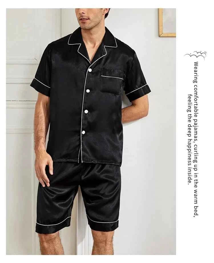 Men's Satin Pajama Set - Short Sleeve Sleepwear for Men with Button