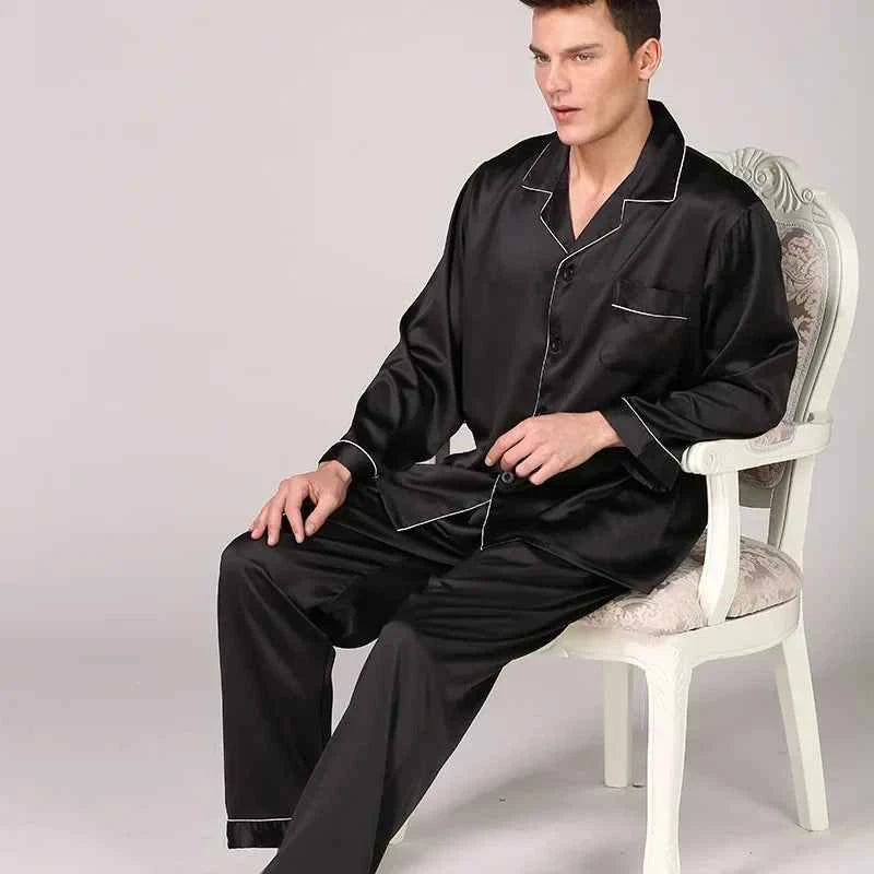 Silk Satin Pajamas for Men Sleepwear Cozy Soft Print Long Sleeve Nightgown Tops+ Trousers Two Pieces Mens Pajama Set black