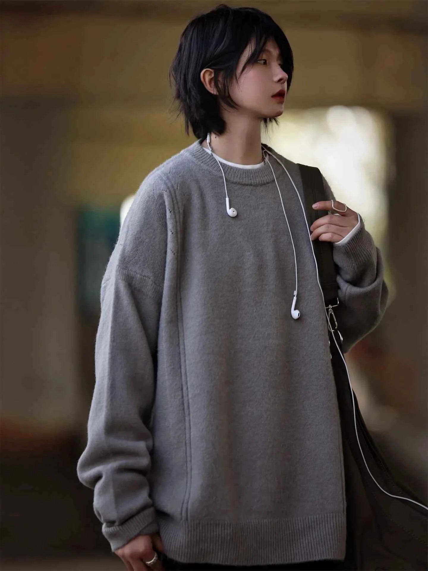 Korean Style Pure Color Knitted Sweater Women's Basic Casual Warm Top Autumn Winter New Arrival round Neck Full Sleeve Light gray [super loose]]