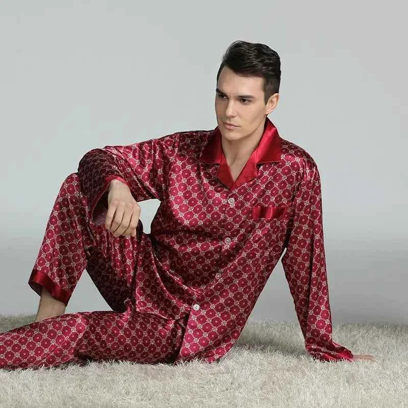 Silk Satin Pajamas for Men Sleepwear Cozy Soft Print Long Sleeve Nightgown Tops+ Trousers Two Pieces Mens Pajama Set red