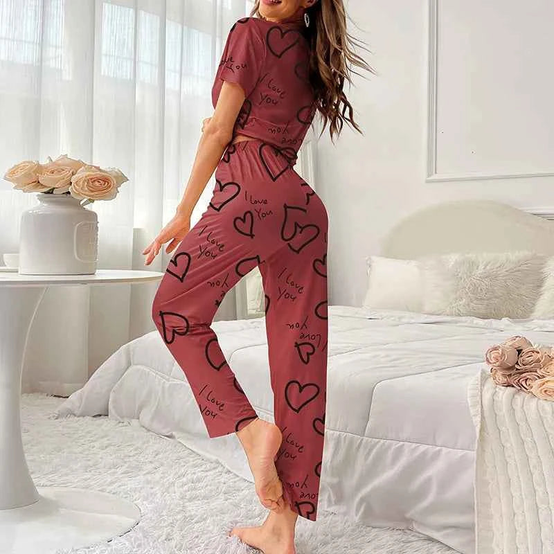 Women's Cartoon Pajama Set - Soft Short Sleeve Top and Long Pants Sleepwear for Ladies Homewear