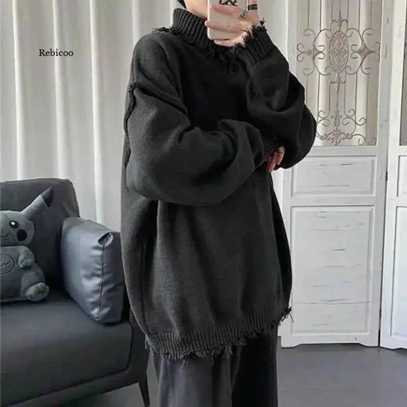Sweaters for Men and Women, Ripped Edges, Irregular Frayed Sweaters, Couples Trend, Loose Half High Collar Autumn and Winter