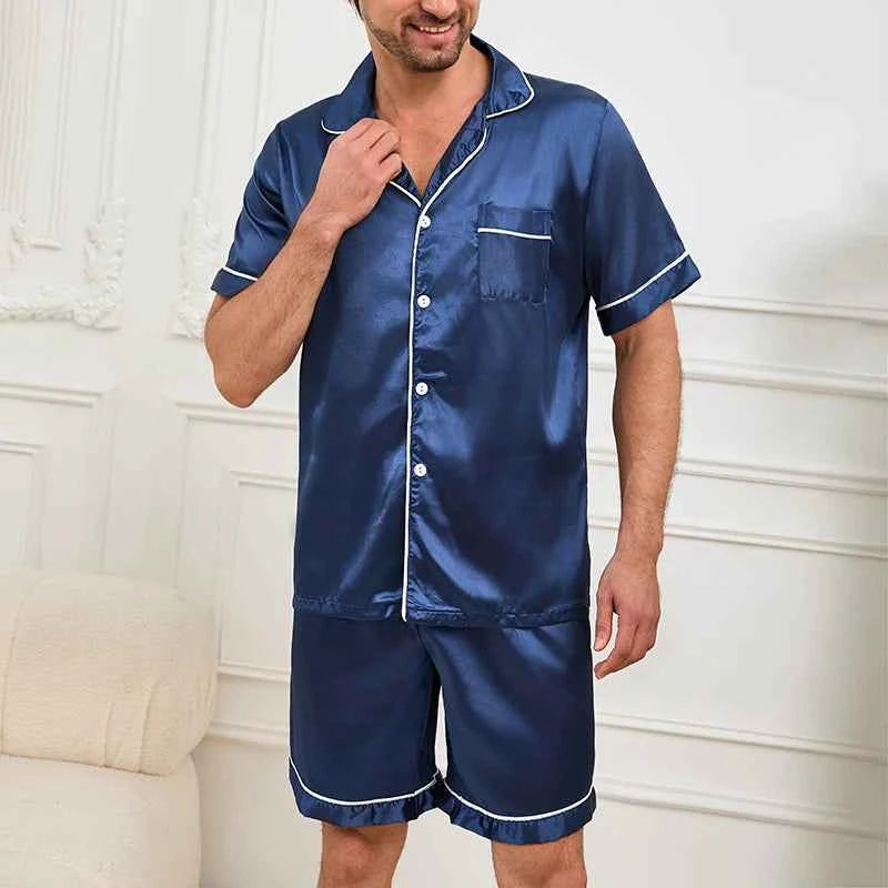 Men's Satin Pajama Set - Short Sleeve Sleepwear for Men with Button