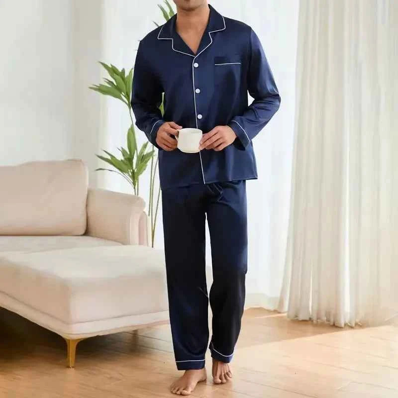 Men's Satin Pajama Set with Linter Lapel Collar, Long Sleeve Tops & Pants Sleepwear for Autumn Loungewear Blue