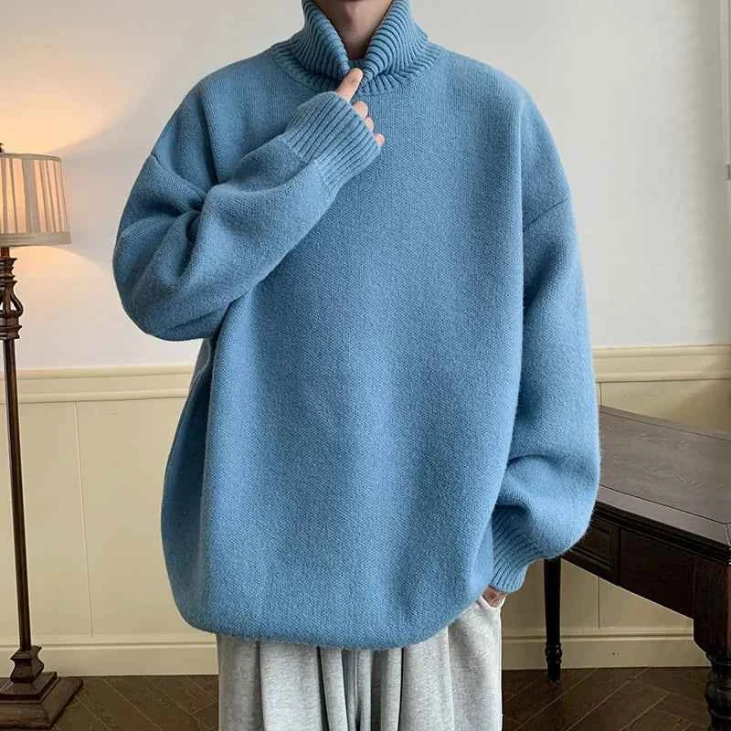 Men's Turtleneck Sweater Pullover Men Loose Casual Harajuku Korean Fashion Mens Oversized Sweater Fashion Thicken Warm Sweaters Blue