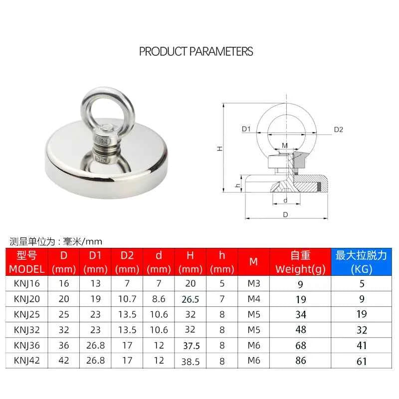 Super Strong Neodymium Fishing Magnets Heavy Duty with Countersunk Hole Eyebolt for Magnetic Fishing Salvage