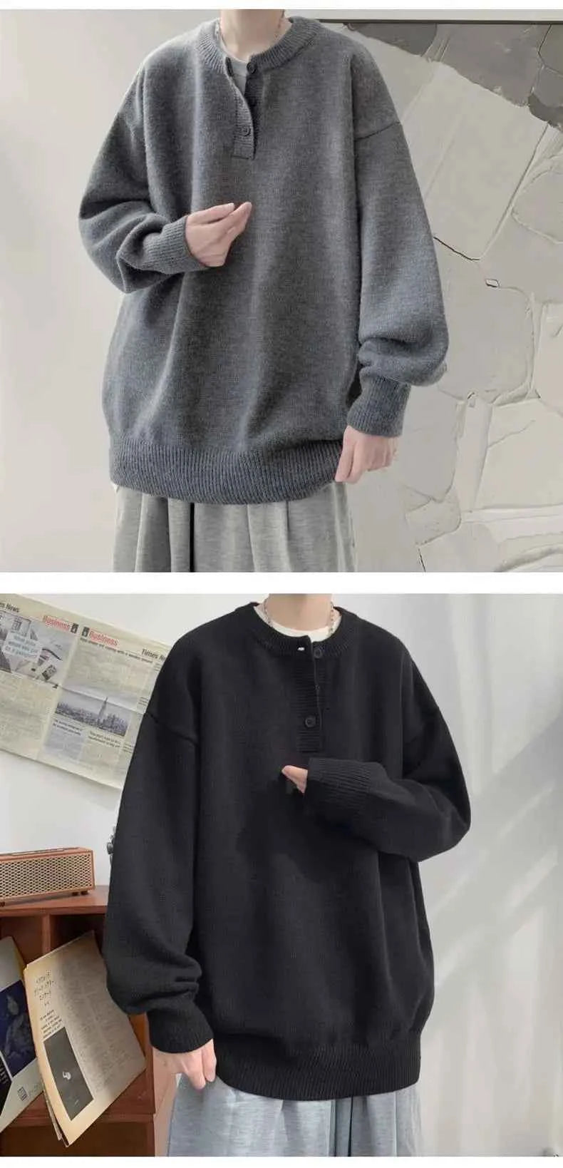 Cleanfit Men's Winter Thickened Warm Knitted Sweater Henry Collar Loose Lazy Style Solid Color Knitwear Long Sleeve Princess...