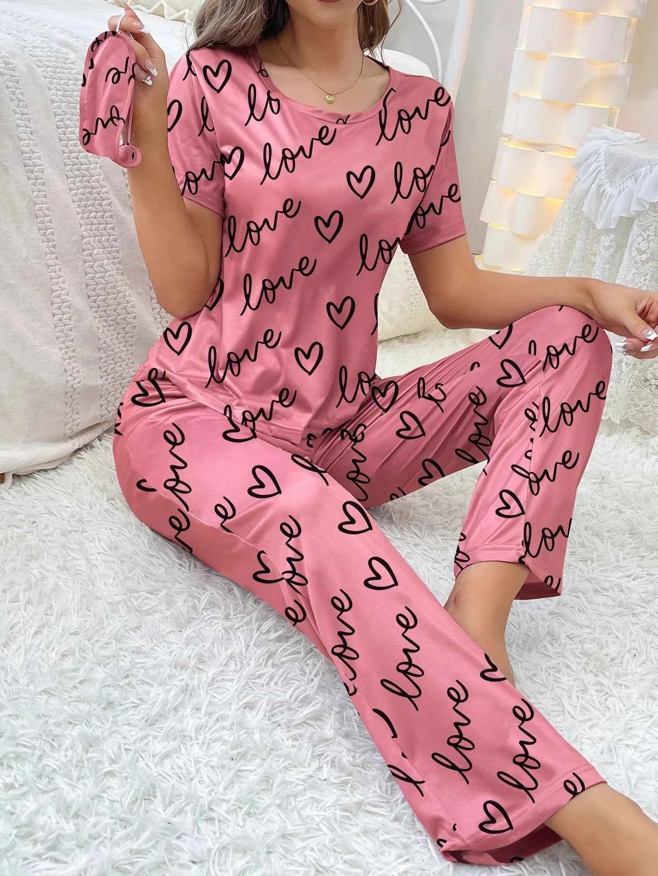 New Women's Pajamas Love Pattern, Casual Short Sleeve Trousers Pink