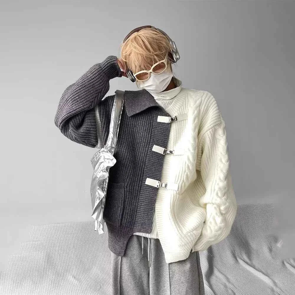 Sweater Men Y2k Splicing Button Knitted Jacket Niche Streetwear Soft Knitwear Autumn Personality Youthful Casual Mens Clothing Grey