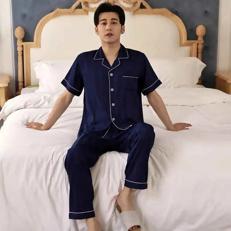 Men's Ice Silk Pajamas Set - Thin Long-sleeved Sleepwear for Spring and Autumn SY2051-baolantiao-DC