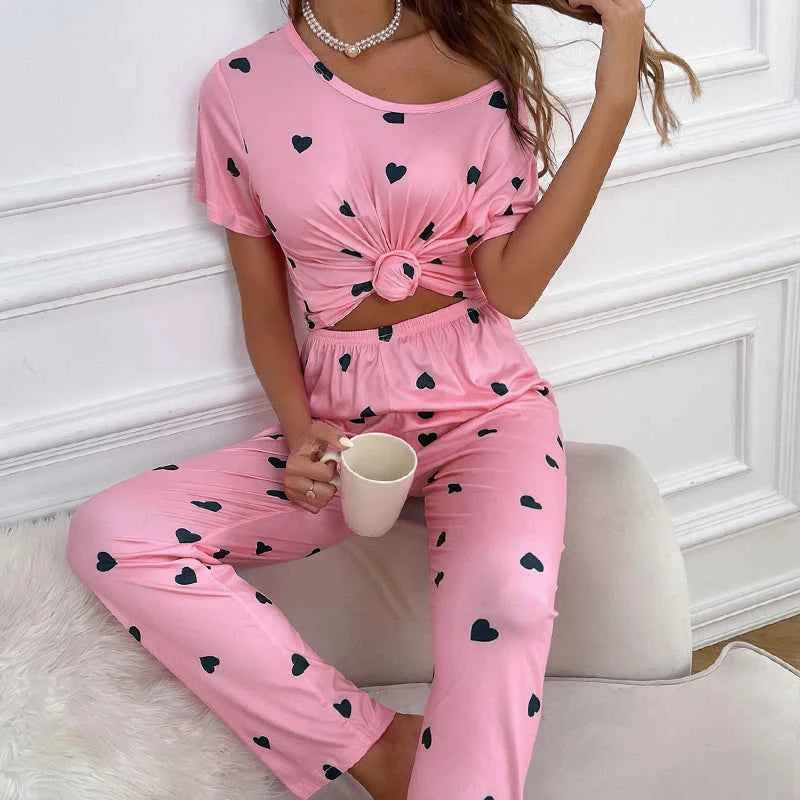 Women's Cartoon Pajama Set - Soft Short Sleeve Top and Long Pants Sleepwear for Ladies Homewear