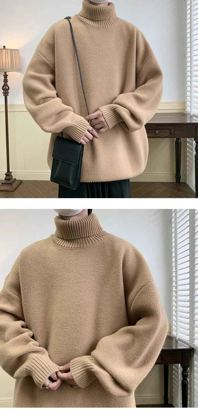 Men's Turtleneck Sweater Pullover Men Loose Casual Harajuku Korean Fashion Mens Oversized Sweater Fashion Thicken Warm Sweaters